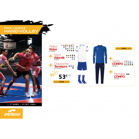 Pack LICENCE Volley/Hand maillot NAISE + short ATLANTIK + chaussettes TENNIS PRO + ensemble COMPO ELDERA