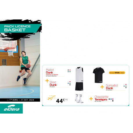 Pack LICENCE Basket maillot DUNK + short DUNK + chaussettes TENNIS PRO + surmaillot DUNK ELDERA