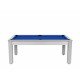 Billard Arizona 7 pieds convertible en table à manger 8 personnes Coloris blanc boisé tapis bleu De Faugères A002A018A030A075