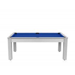Billard Arizona 7 pieds convertible en table à manger 8 personnes Coloris blanc boisé tapis bleu De Faugères A002A018A030A075