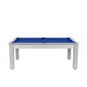 Billard Arizona 7 pieds convertible en table à manger 8 personnes Coloris blanc boisé tapis bleu De Faugères A002A018A030A075