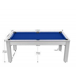Billard Arizona 7 pieds convertible en table à manger 8 personnes Coloris blanc boisé tapis bleu De Faugères