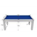 Billard Arizona 7 pieds convertible en table à manger 8 personnes Coloris blanc boisé tapis bleu De Faugères