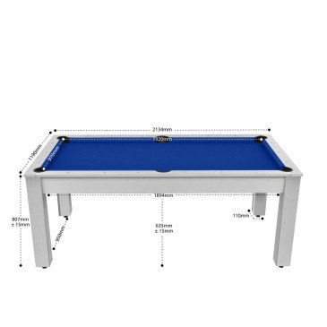 Billard Arizona 7 pieds convertible en table à manger 8 personnes Coloris blanc boisé tapis bleu De Faugères A002A018A030A075