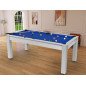 Billard Arizona 7 pieds convertible en table à manger 8 personnes Coloris blanc boisé tapis bleu De Faugères