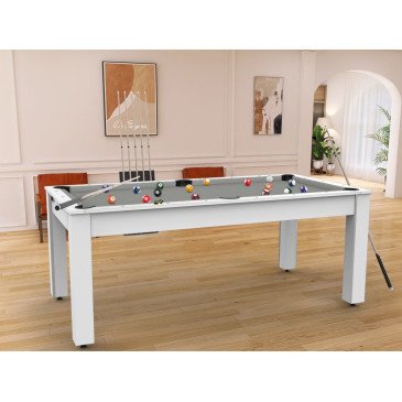 Billard Arizona 7 pieds convertible en table à manger 8 personnes Coloris blanc laqué tapis gris De Faugères A003A020A032A074