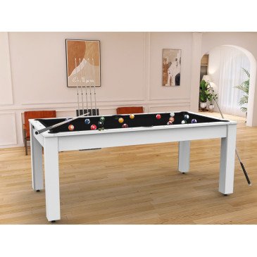 Billard Arizona 7 pieds convertible en table à manger 8 personnes Coloris blanc laqué tapis noir De Faugères A003A021A033A074