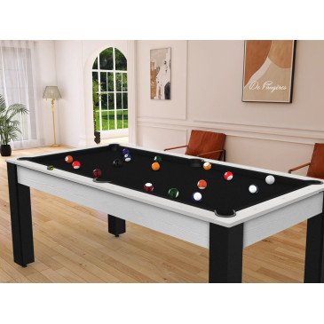 Billard Arizona 7 pieds convertible en table à manger 8 personnes Coloris blanc boisé tapis noir De Faugères A002A021A033A073