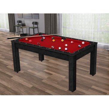 Billard Arizona 7 pieds convertible en table à manger 8 personnes Coloris noir boisé tapis rouge De Faugères A005A019A031A079