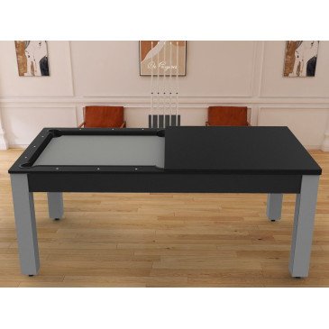 Billard Arizona 7 pieds convertible en table à manger 8 personnes Coloris noir grainé tapis gris De Faugères A006A021A032A076