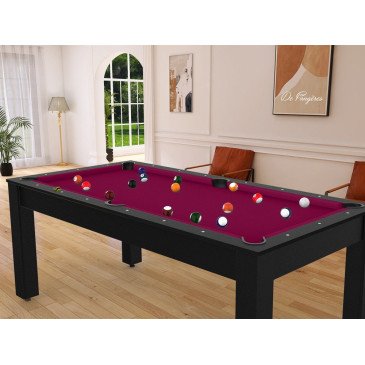 Billard Arizona 7 pieds convertible en table à manger 8 personnes Coloris noir grainé tapis prune De Faugères A006A022A034A073