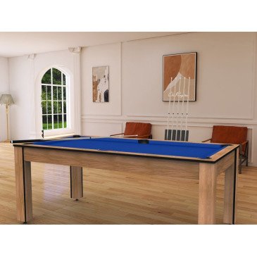 Billard Arizona 7 pieds convertible en table à manger 8 personnes Coloris hêtre boisé tapis bleu De Faugères A007A018A030A077