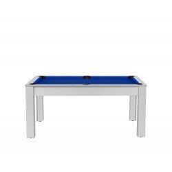 Billard Texas 6 pieds convertible en table à manger 6 personnes Coloris blanc boisé tapis bleu De Faugères