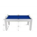 Billard Texas 6 pieds convertible en table à manger 6 personnes Coloris blanc boisé tapis bleu De Faugères