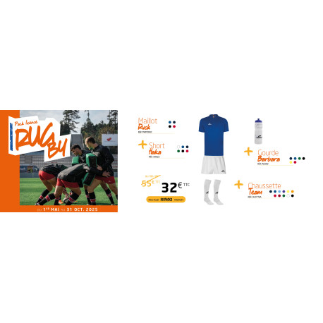 Pack LICENCE Rugby maillot RUCK short HAKA chaussettes TEAM et gourde BARBARA ELDERA Pack LICENCE Rugby maillot RUCK short HAKA chaussettes TEAM et gourde BARBARA ELDERA